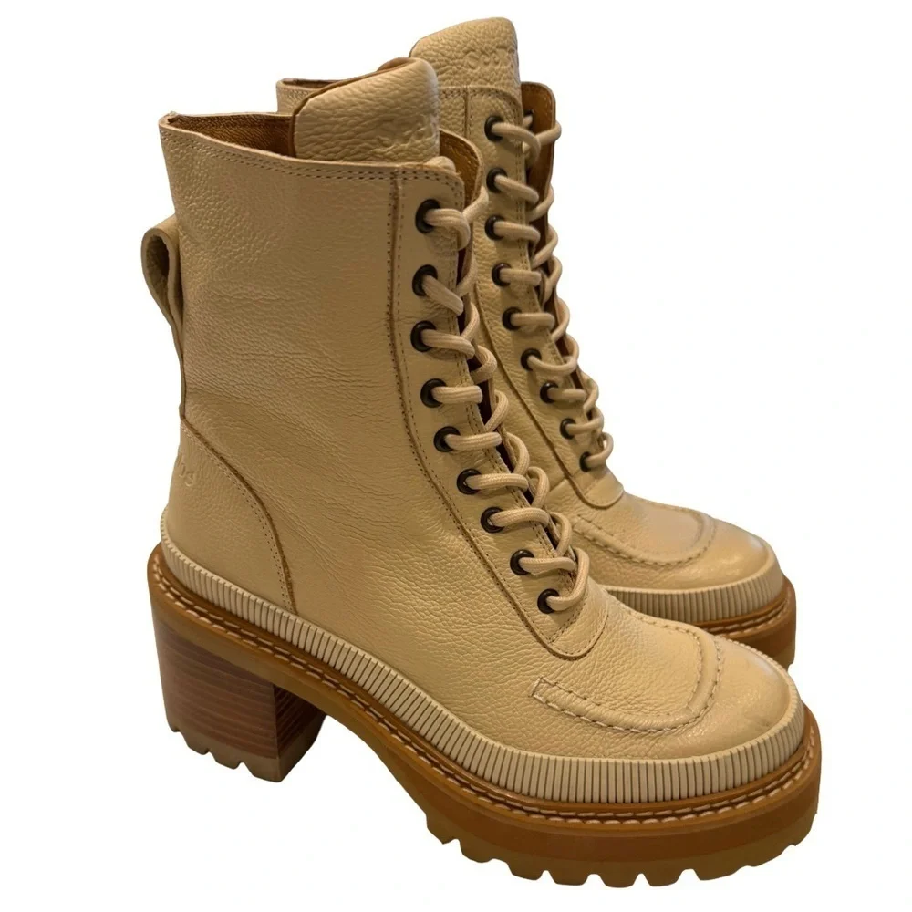 See By Chloe “Mahalia” Tan Leather Combat Boots Stacked Heel Sz US 7 EU 37 NEW